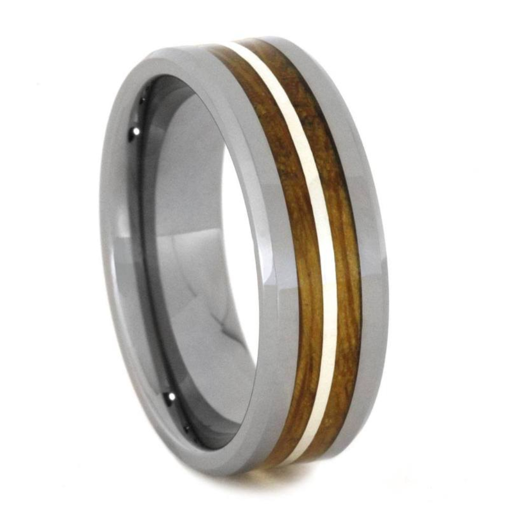 Whiskey Barrel Oak Wood, Sterling Silver 8mm Tungsten Comfort-Fit Wedding Band