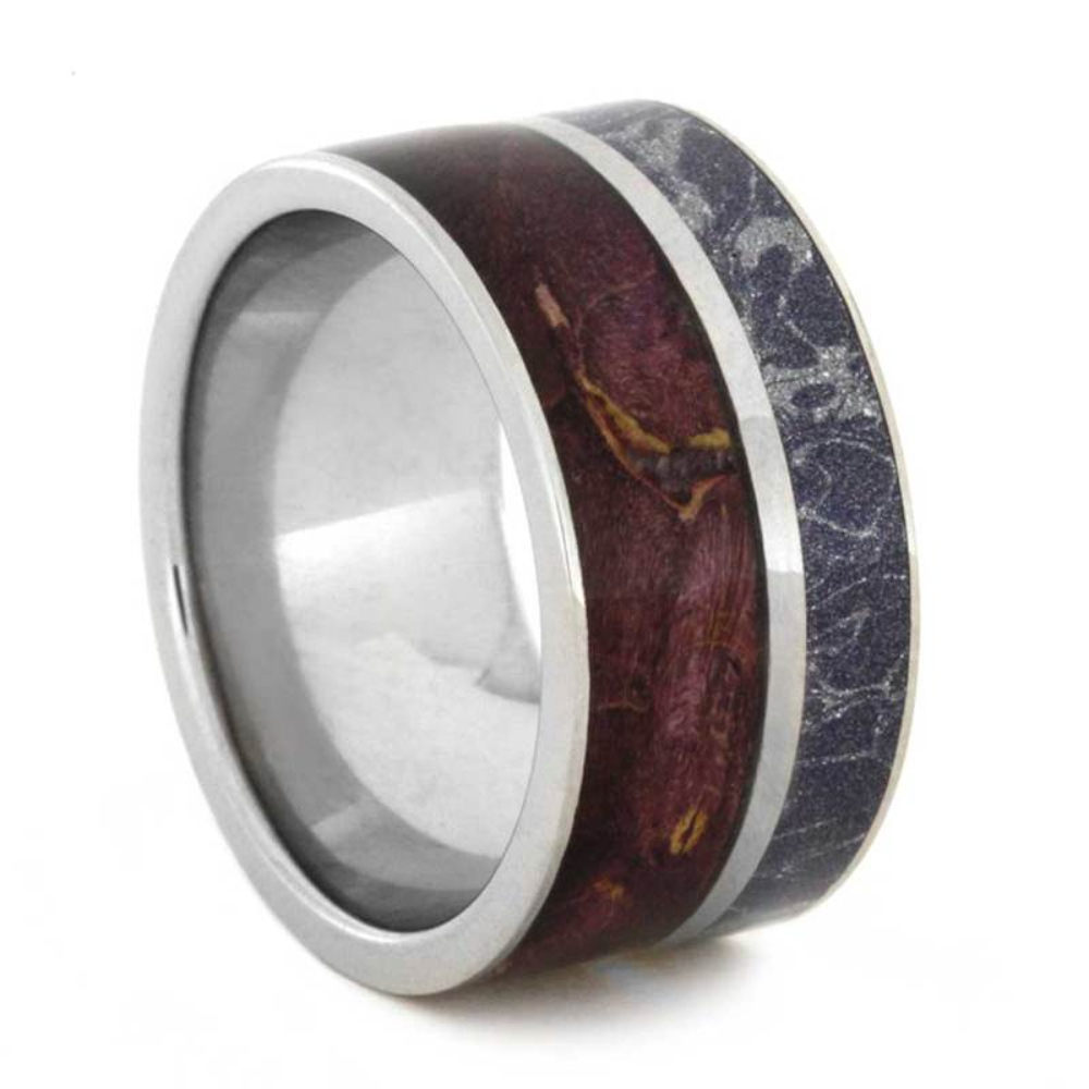 Purple Box Elder Burl, Blue Bronze and White Mokume 10mm Titanium Comfort-Fit Wedding Band