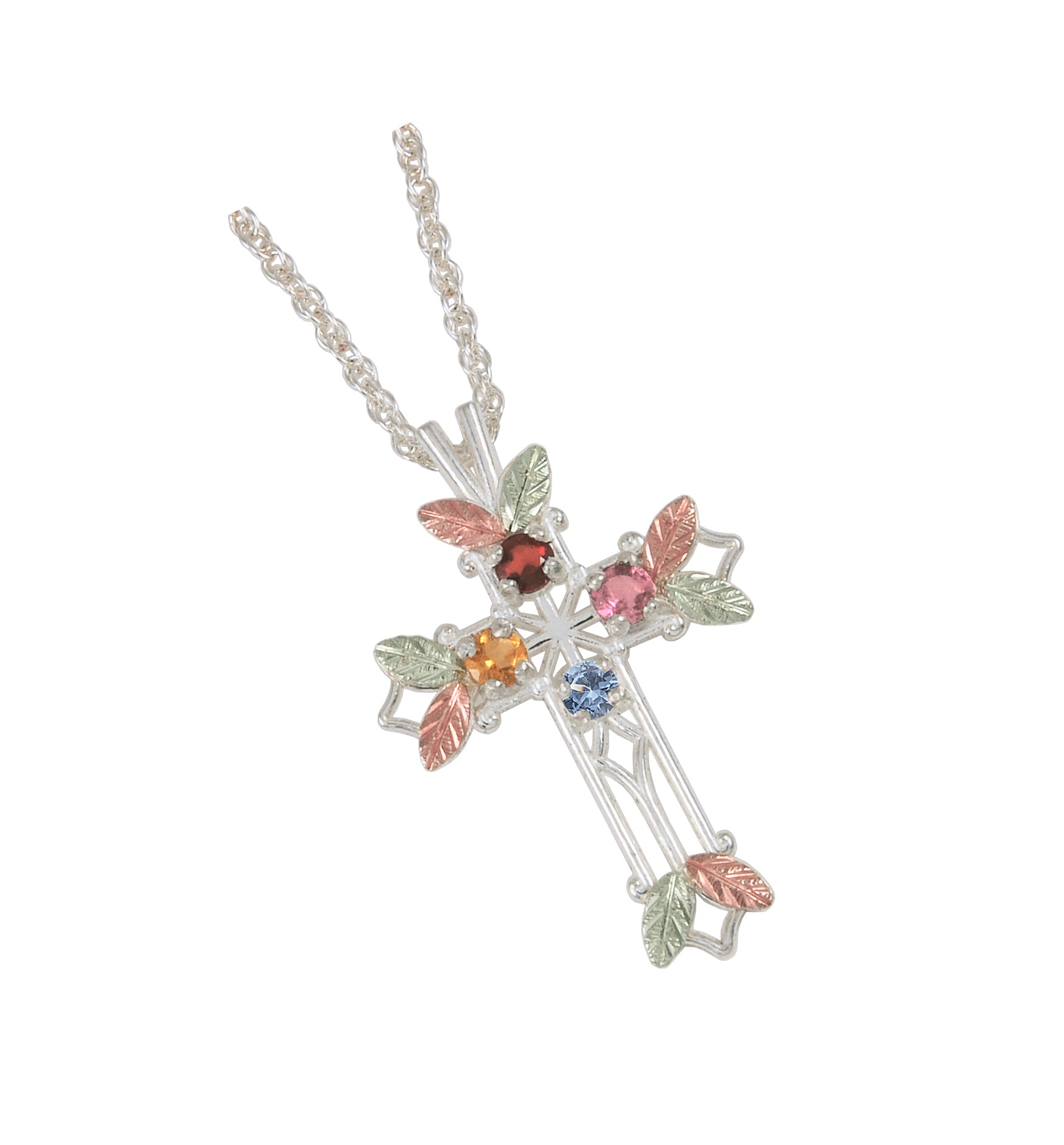 Aquamarine, Citrine, Garnet and Pink Tourmaline Pointed Cross Pendant Necklace, Sterling Silver, 12k Green and Rose Gold Black Hills Gold Motif