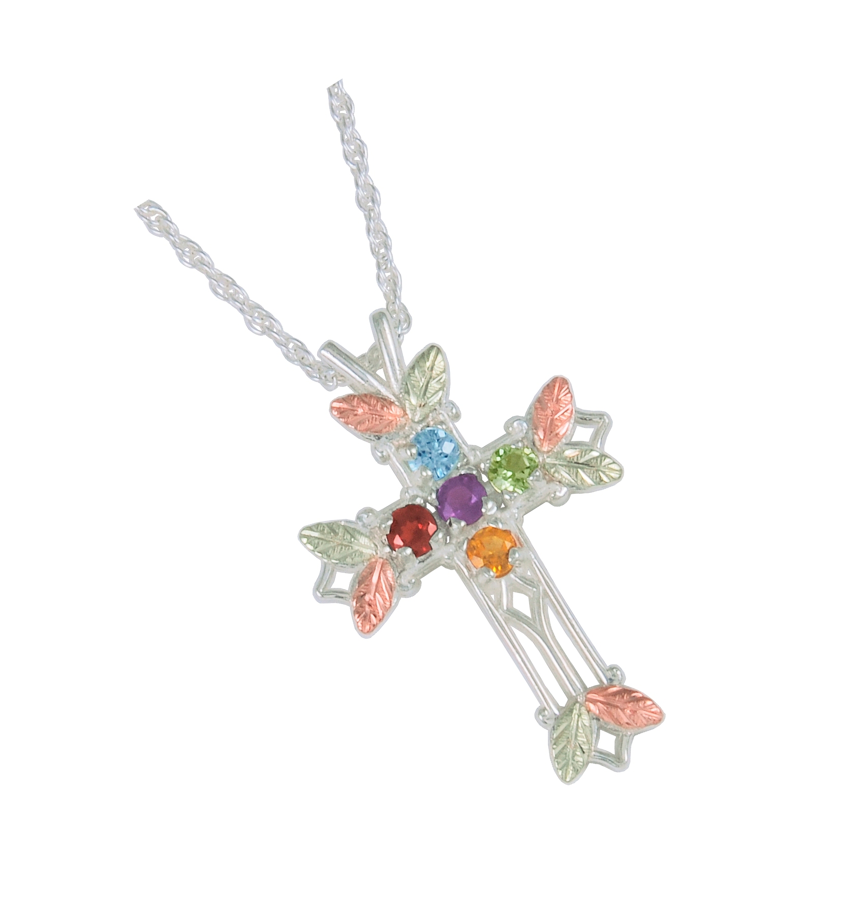 Aquamarine, Citrine, Garnet, Amethyst and Peridot Pointed Cross Pendant Necklace, Sterling Silver, 12k Green and Rose Gold Black Hills Gold Motif