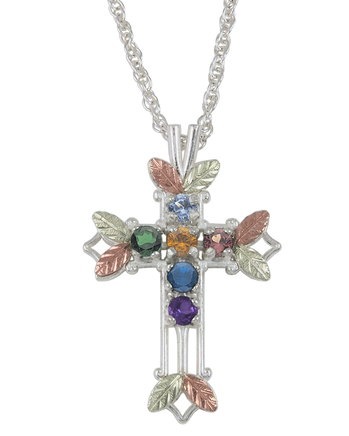  Aquamarine, Citrine, Garnet, Amethyst, Sapphire and Emerald Pointed Cross Pendant Necklace, Sterling Silver