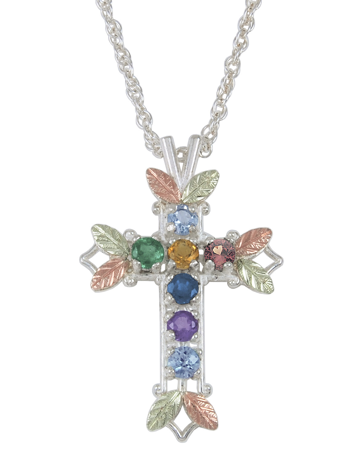 Aquamarine, Citrine, Garnet, Amethyst, Sapphire, Emerald and Blue Sky Topaz Passion Cross Pendant Necklace, Sterling Silver, 12k Green and Rose Gold Black Hills Gold