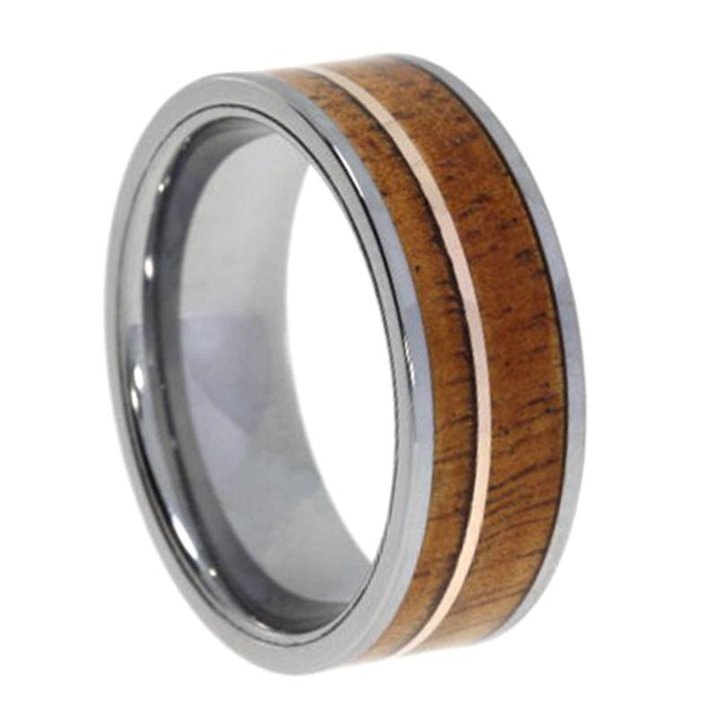 Koa Wood Wedding Band With 14k Rose Gold Pinstripe