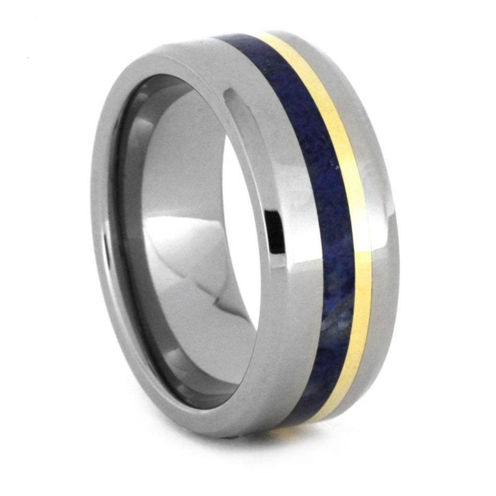 Titanium, Lapis Lazuli, 18k Yellow Gold 8mm Comfort-Fit Titanium Wedding Band