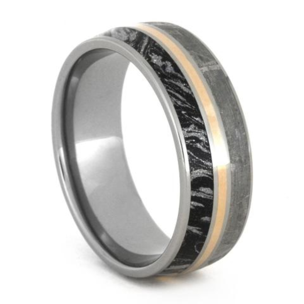 Gibeon Meteorite, Black and White Mokume Gane, 14k Rose Gold 8mm Titanium Comfort-Fit Band