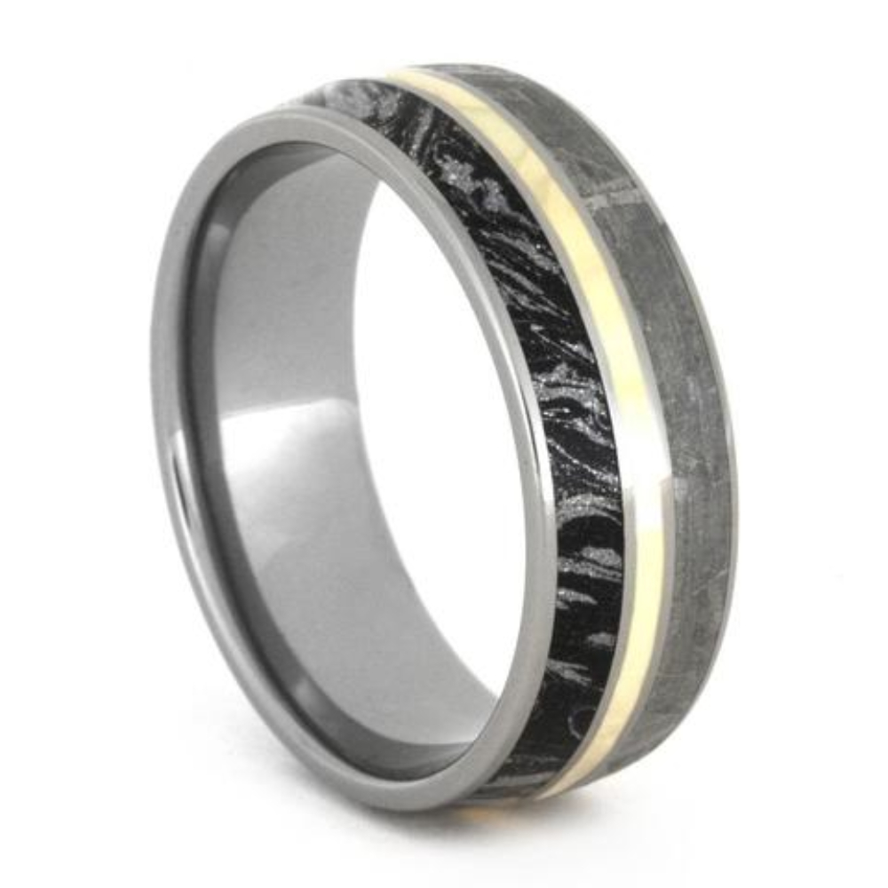 Gibeon Meteorite, Black and White Mokume Gane, 14k Yellow Gold 8mm Titanium Comfort-Fit Band