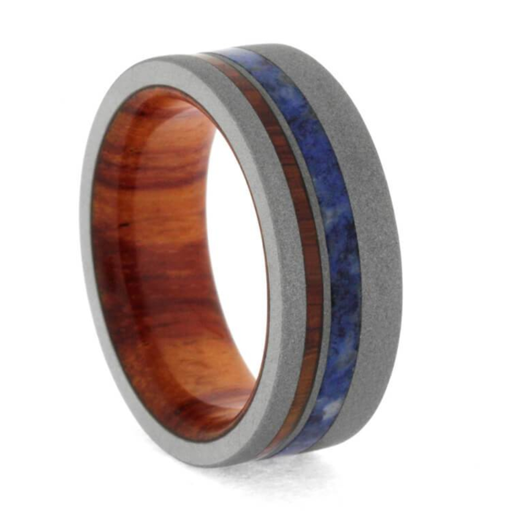  Sandblasted Titanium, Blue Box Elder Burl with Tulipwood Sleeves 8mm Sandblasted Comfort-Fit Wedding Band 