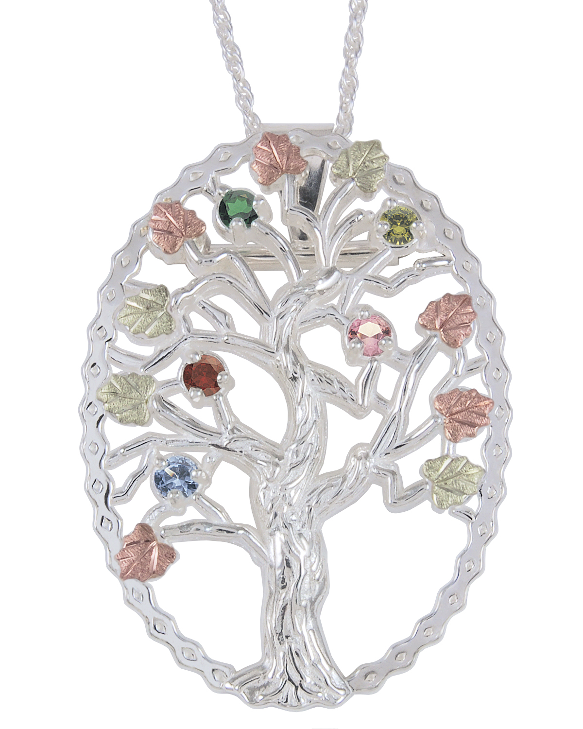 Multi Gemstone Tree Pendant Necklace, Sterling Silver, 12k Green and Rose Gold Black Hills Gold Motif