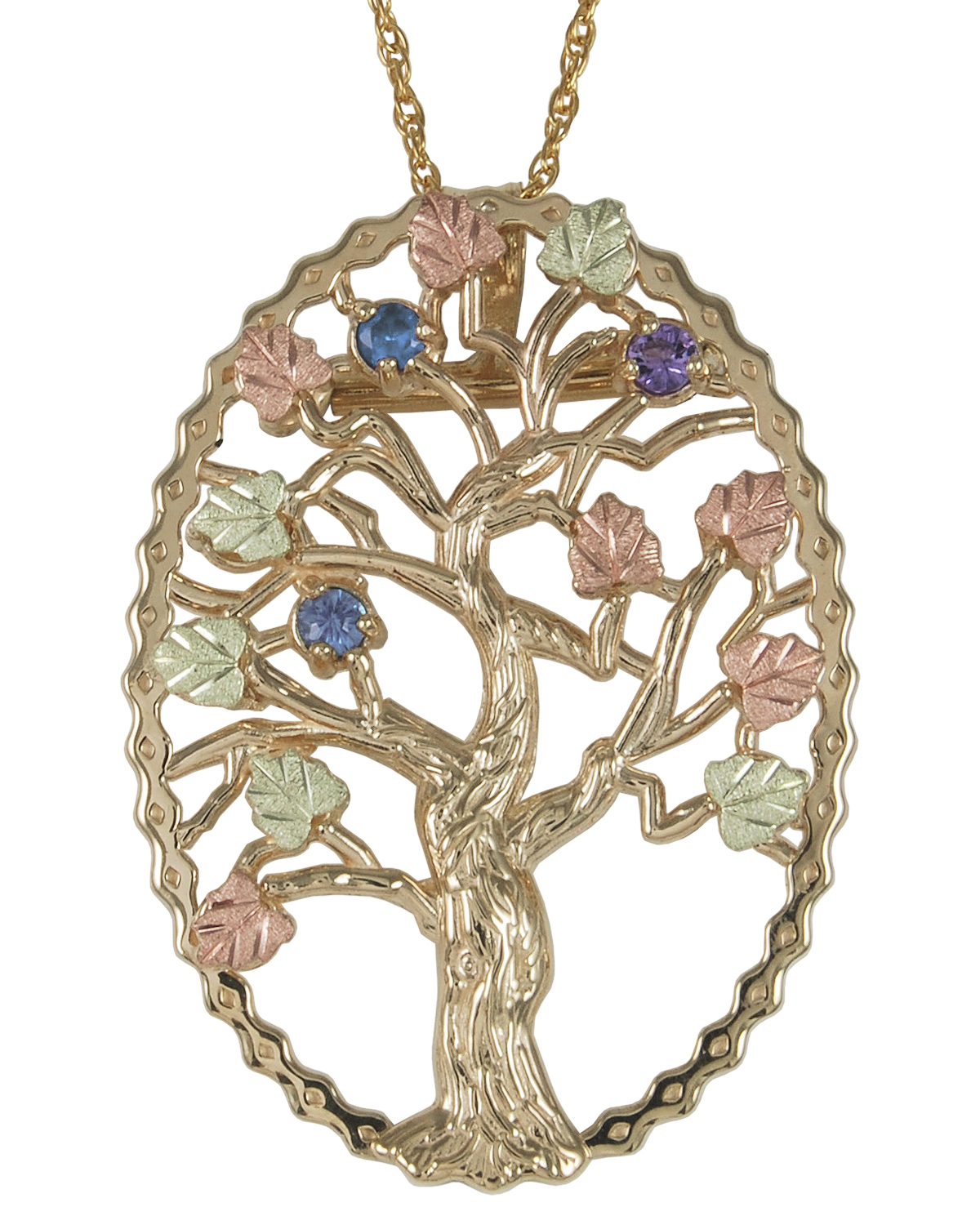 Sapphire, Amethyst and Aquamarine Tree Pendant Necklace, 10k Yellow Gold, 12k Green and Rose Gold Black Hills Gold Motif