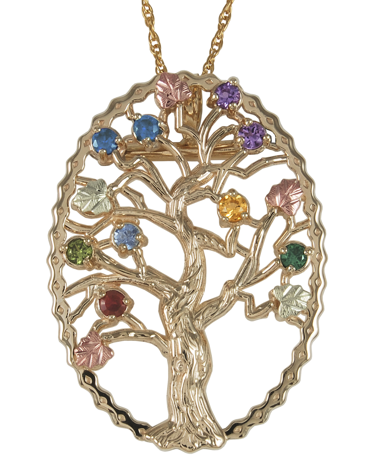 Multi Gemstone Tree Pendant Necklace, 10k Yellow Gold, 12k Green and Rose Gold Black Hills Gold Motif