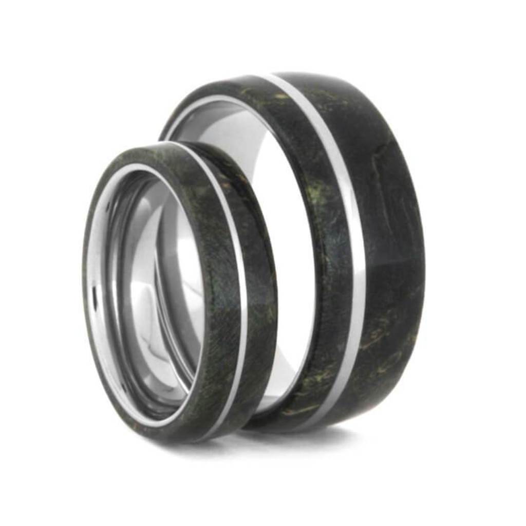 Matching Green Box Elder Burl Wedding Band Set, Titanium Rings