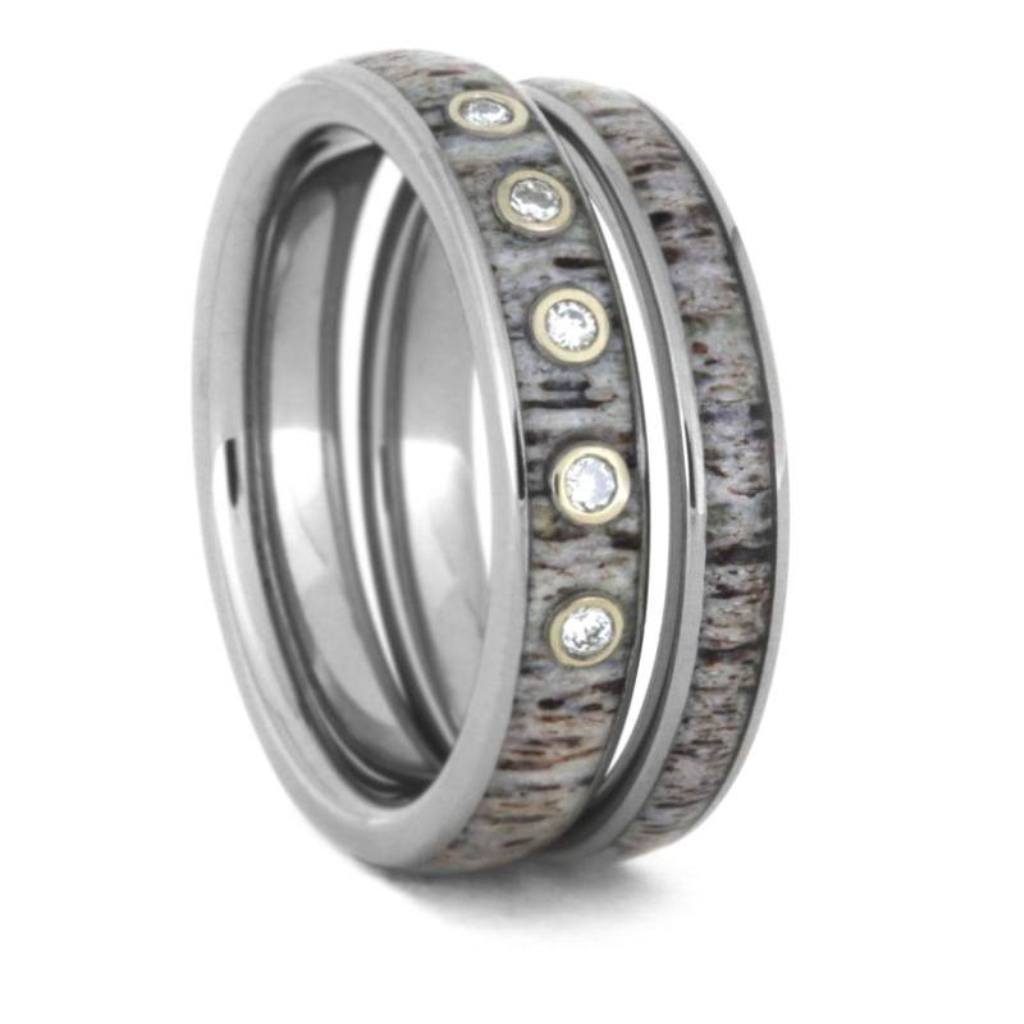 Moissanite Antler Wedding Ring Set, Titanium Rings