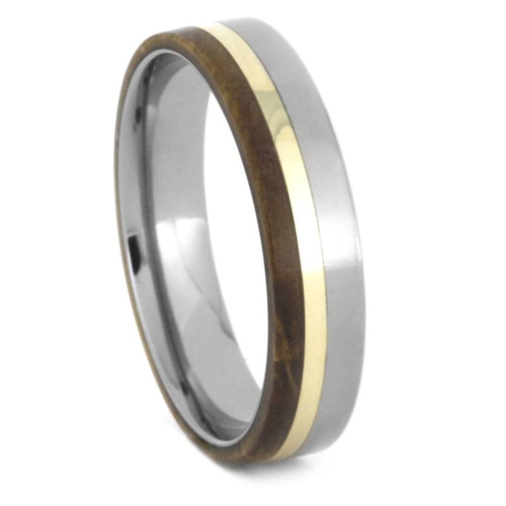 Titanium, Oak Wood, 10k Yellow Gold 4.5mm Comfort-Fit Titanium Wedding Band