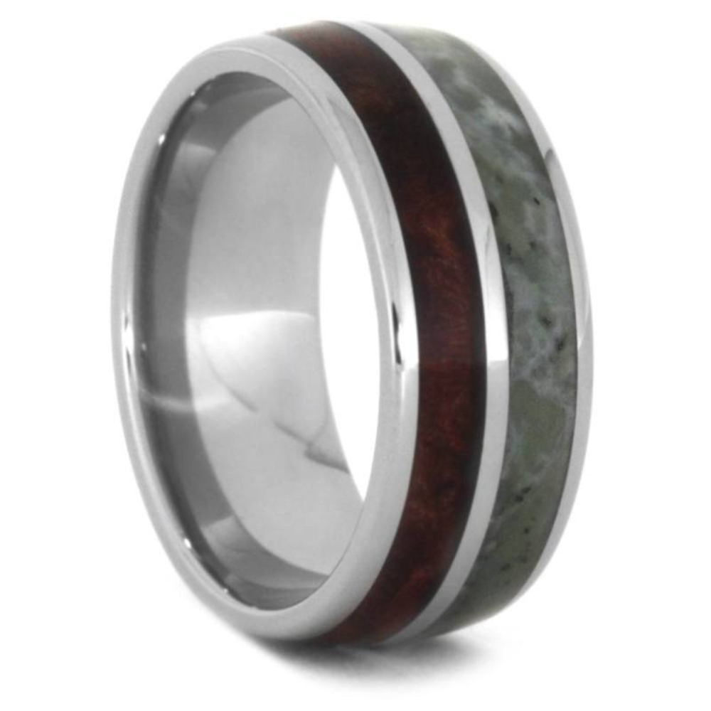 JADE WEDDING BAND WITH NATURAL REDWOOD, TITANIUM RING