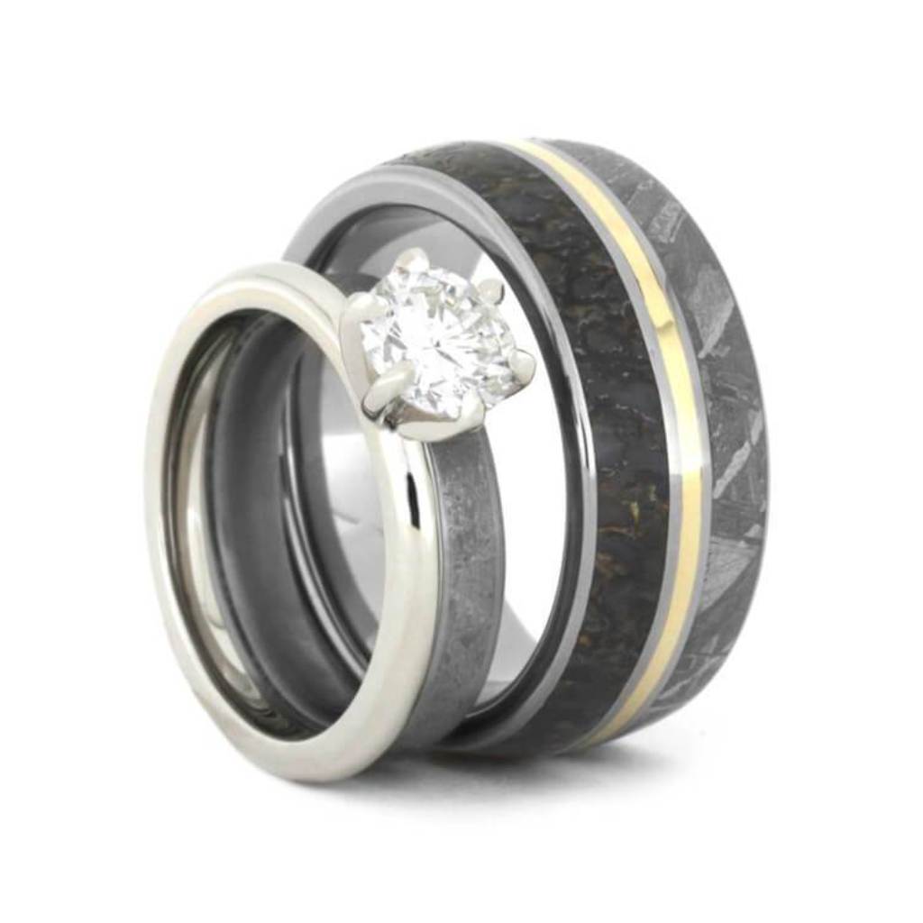 Meteorite Wedding Ring Set, Diamond And Meteorite Bridal Set With Dino Wedding Band3491