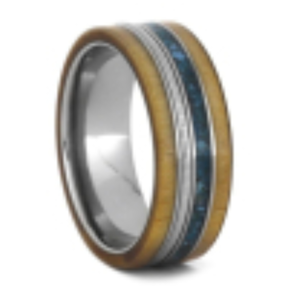 CELLO RING, TURQUOISE AND ROWAN WOOD WEDDING BAND IN TITANIUM