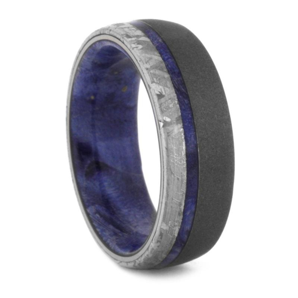 METEORITE WEDDING BAND, WOODEN RING WITH SANDBLASTED TITANIUM