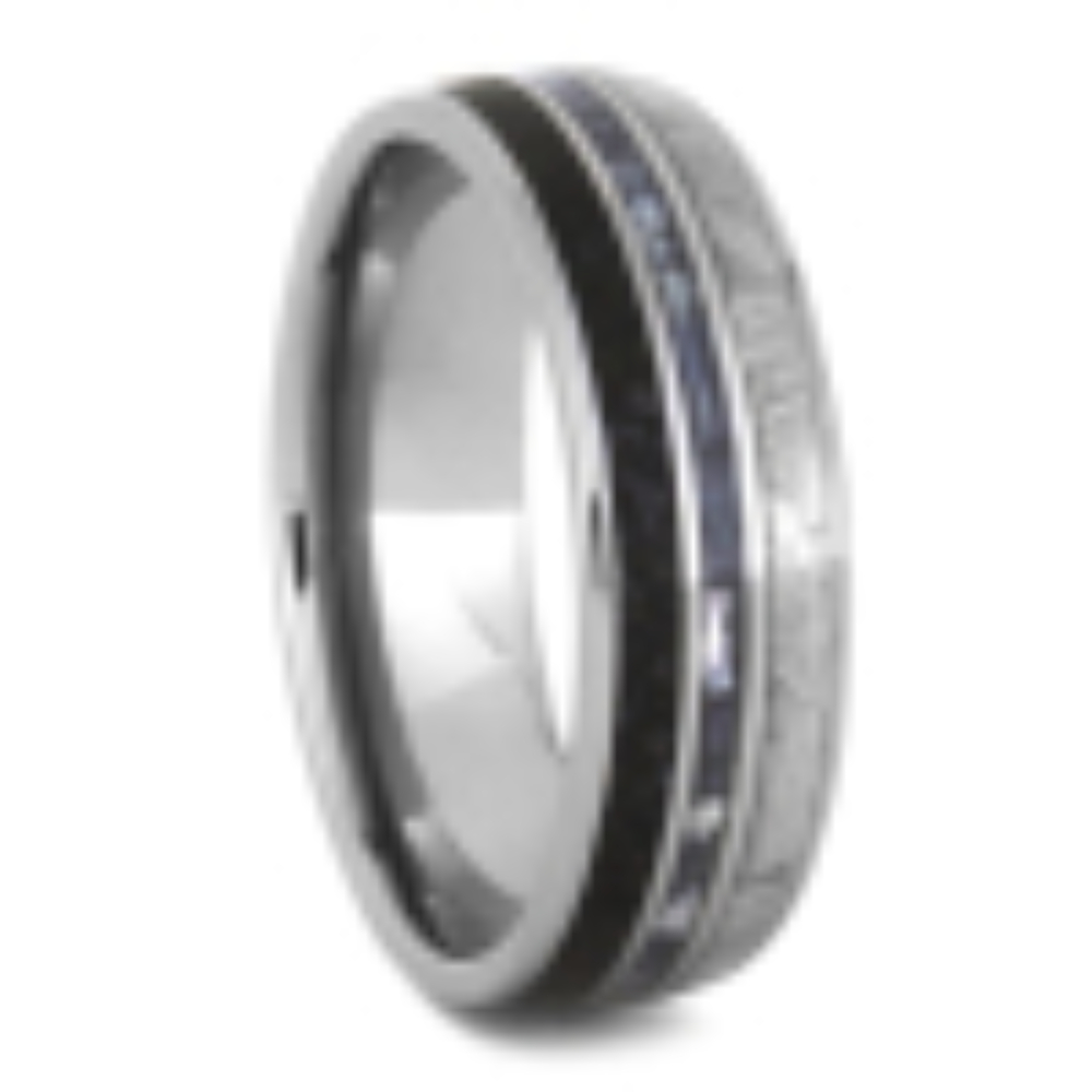 MOTHER OF PEARL WEDDING BAND, METEORITE RING WITH DINOSAUR BONE