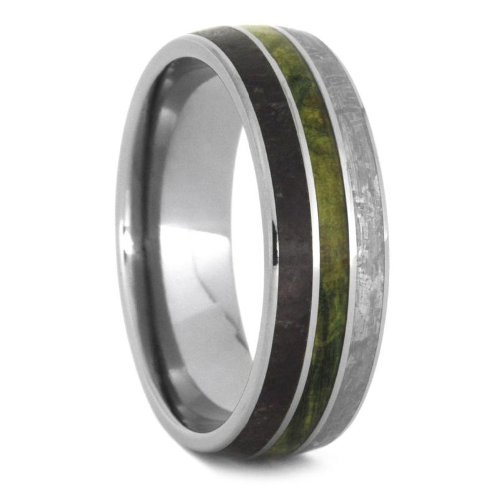 TITANIUM RING, METEORITE WEDDING BAND WITH DINOSAUR BONE AND GREEN BOX ELDER BURL