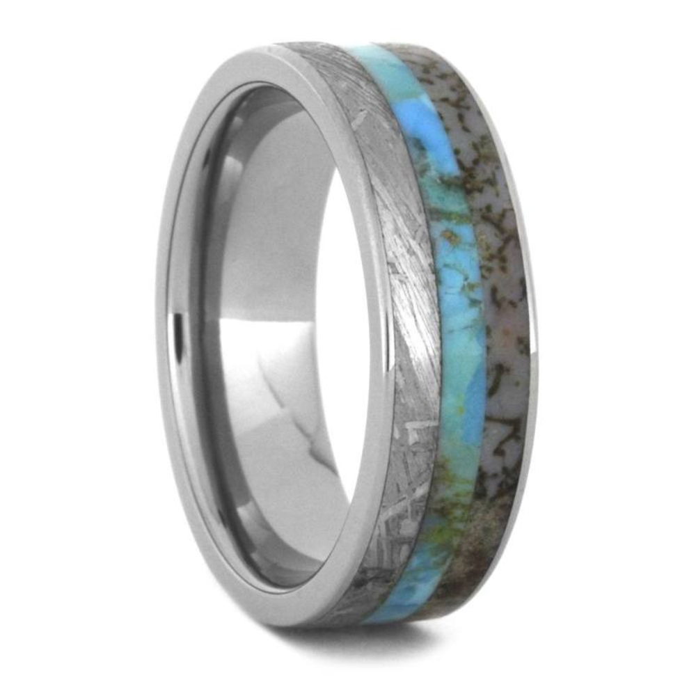 TURQUOISE WEDDING BAND, METEORITE RING WITH DINO BONE