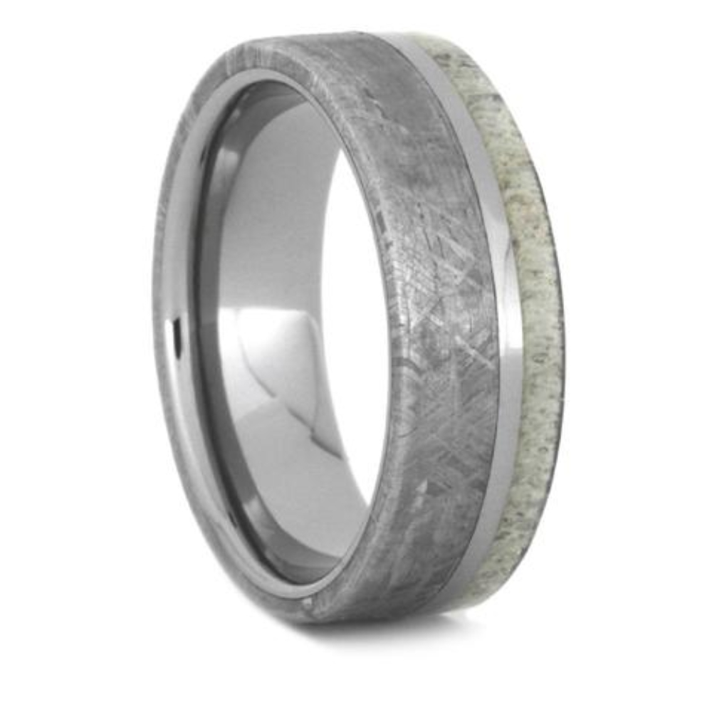 Gibeon Meteorite, Deer Antler, Titanium Pinstripe 7mm Titanium Comfort-Fit Wedding Band