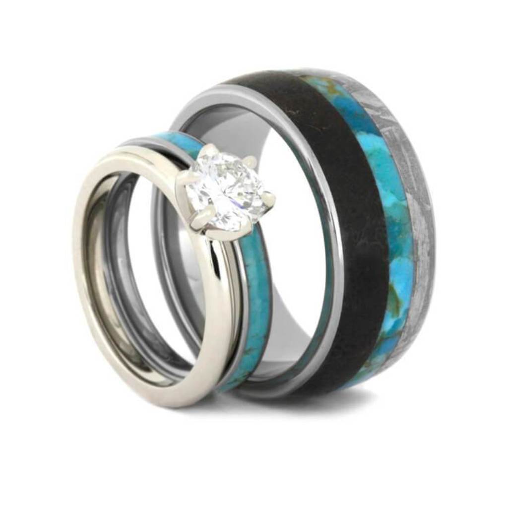 Turquoise Wedding Ring Set, Diamond And Turquoise Bridal Set With Meteorite Wedding Band