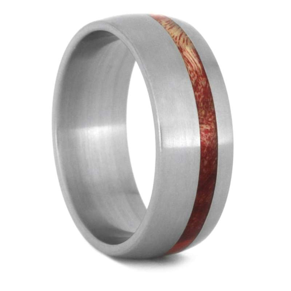 RED BOX ELDER BURL WOOD WEDDING BAND, ECO FRIENDLY RING IN TITANIUM