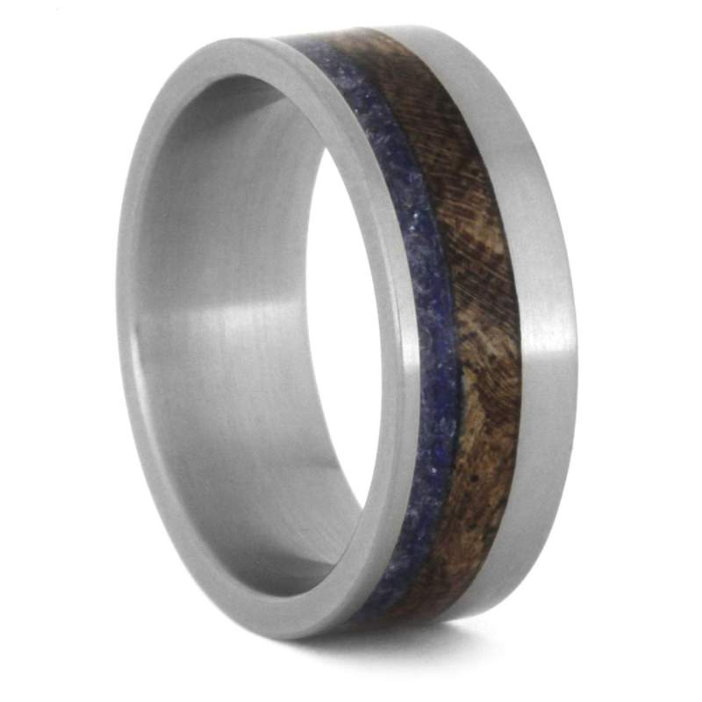 SSEA GLASS JEWELRY, WOOD WEDDING BAND, TITANIUM RING WITH MESQUITE BURL