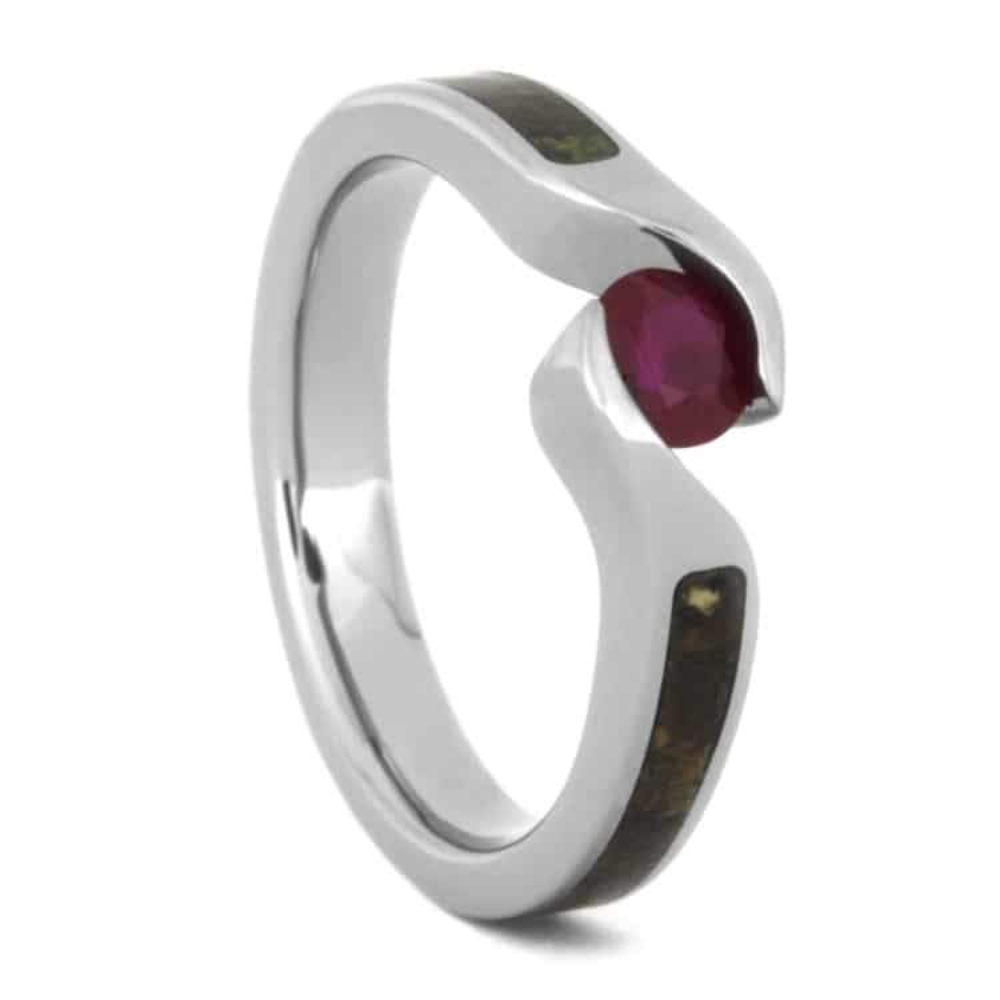 RUBY ENGAGEMENT RING, DINOSAUR BONE RING IN TITANIUMRUBY ENGAGEMENT RING, DINOSAUR BONE RING IN TITANIUM