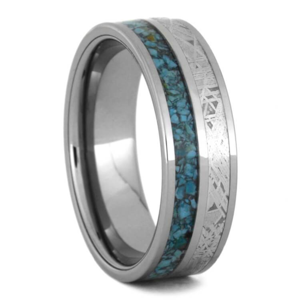 Crushed Turquoise Wedding Band With Gibeon Meteorite