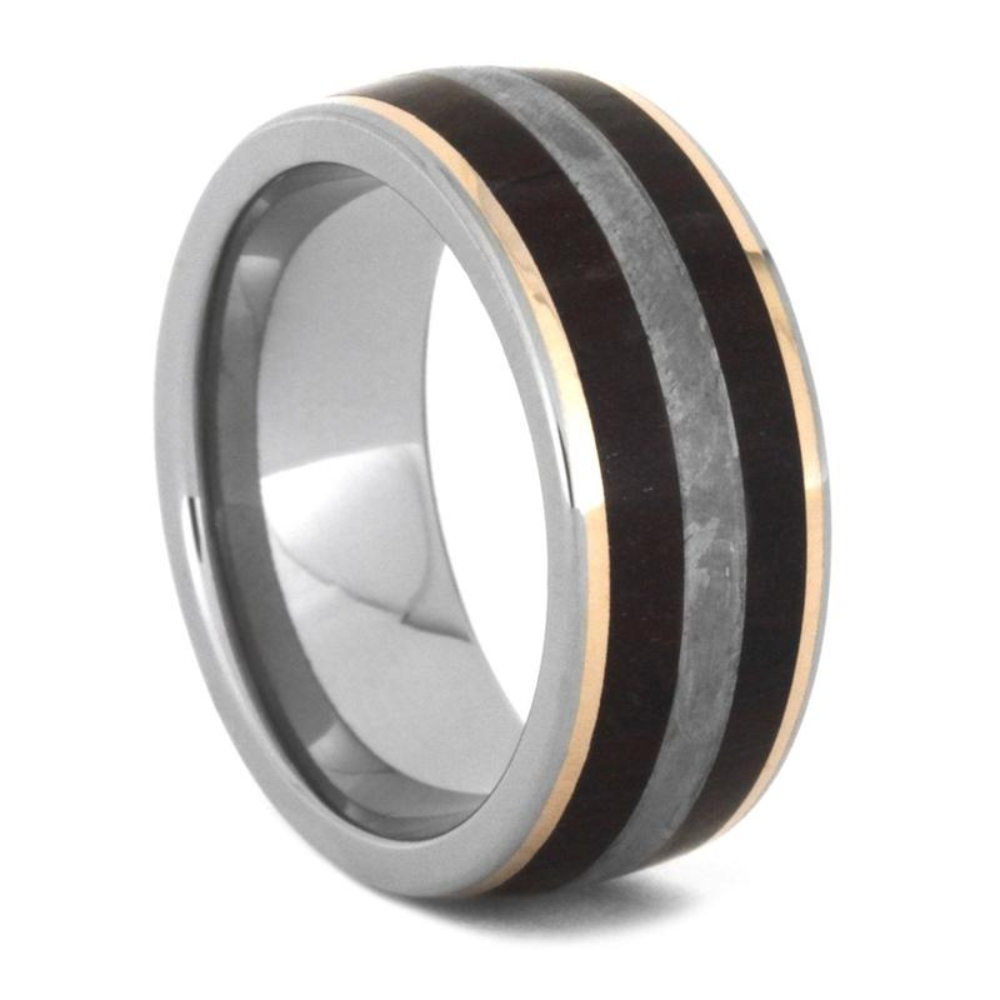 PETRIFIED WOODEN RING, METEORITE WEDDING BAND WITH 14K ROSE GOLD