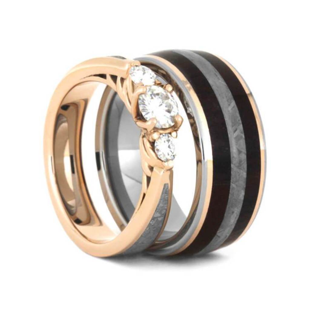 Meteorite Wedding Ring Set, Moissanite Engagement Ring With Petrified Wood Wedding Band3552