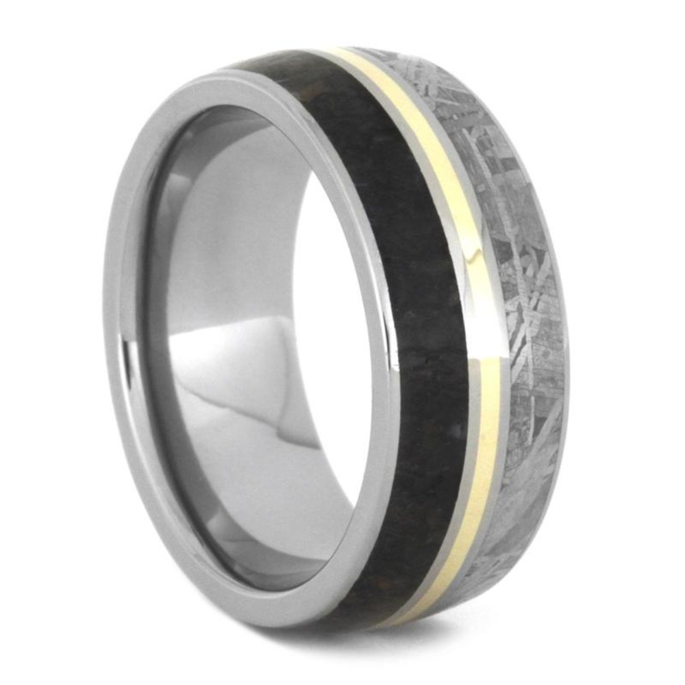 MEN'S DINOSAUR BONE WEDDING BAND, METEORITE AND YELLOW GOLD RING