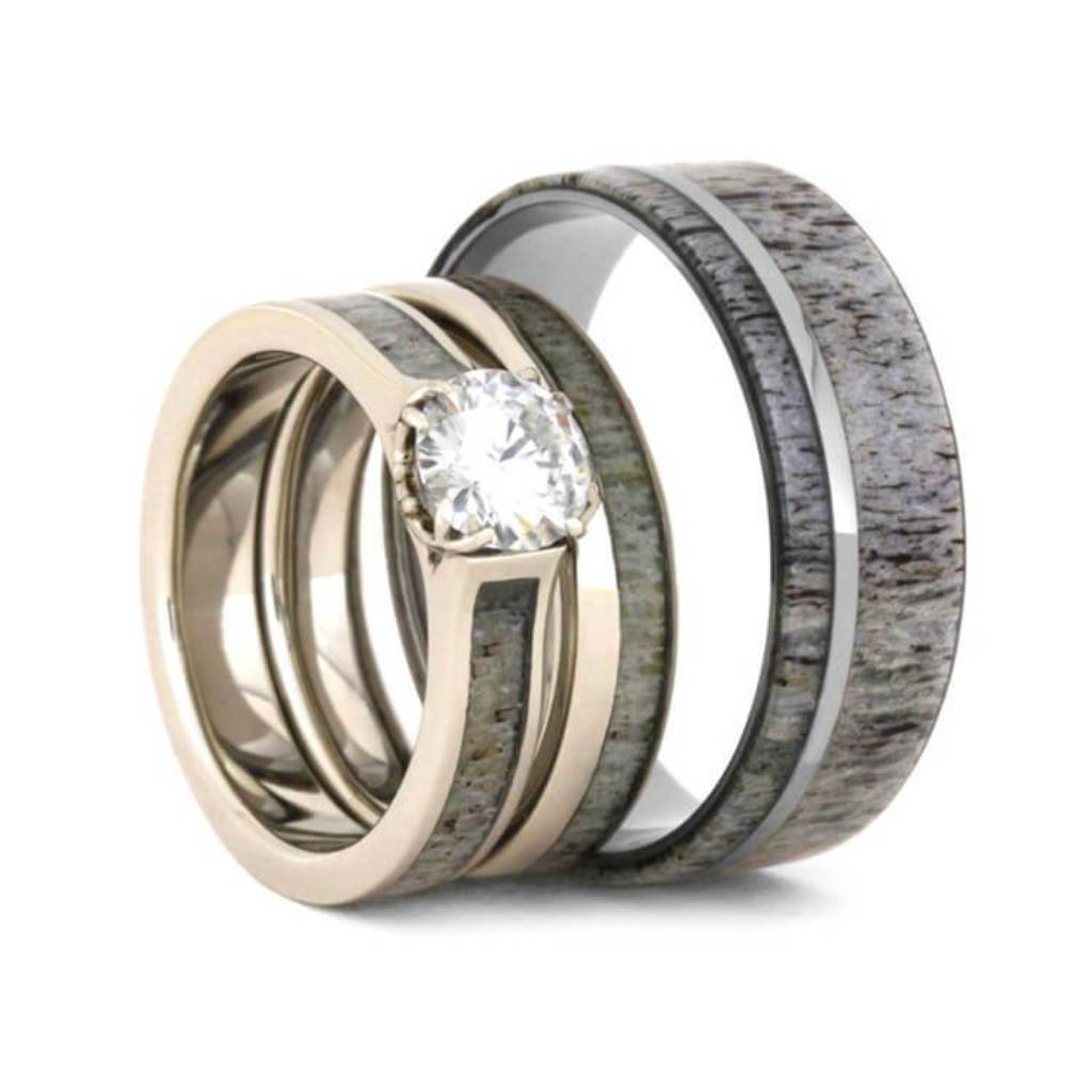 Deer Antler Wedding Ring Set With Moissanite Bridal Set And Men's Wedding Band3577