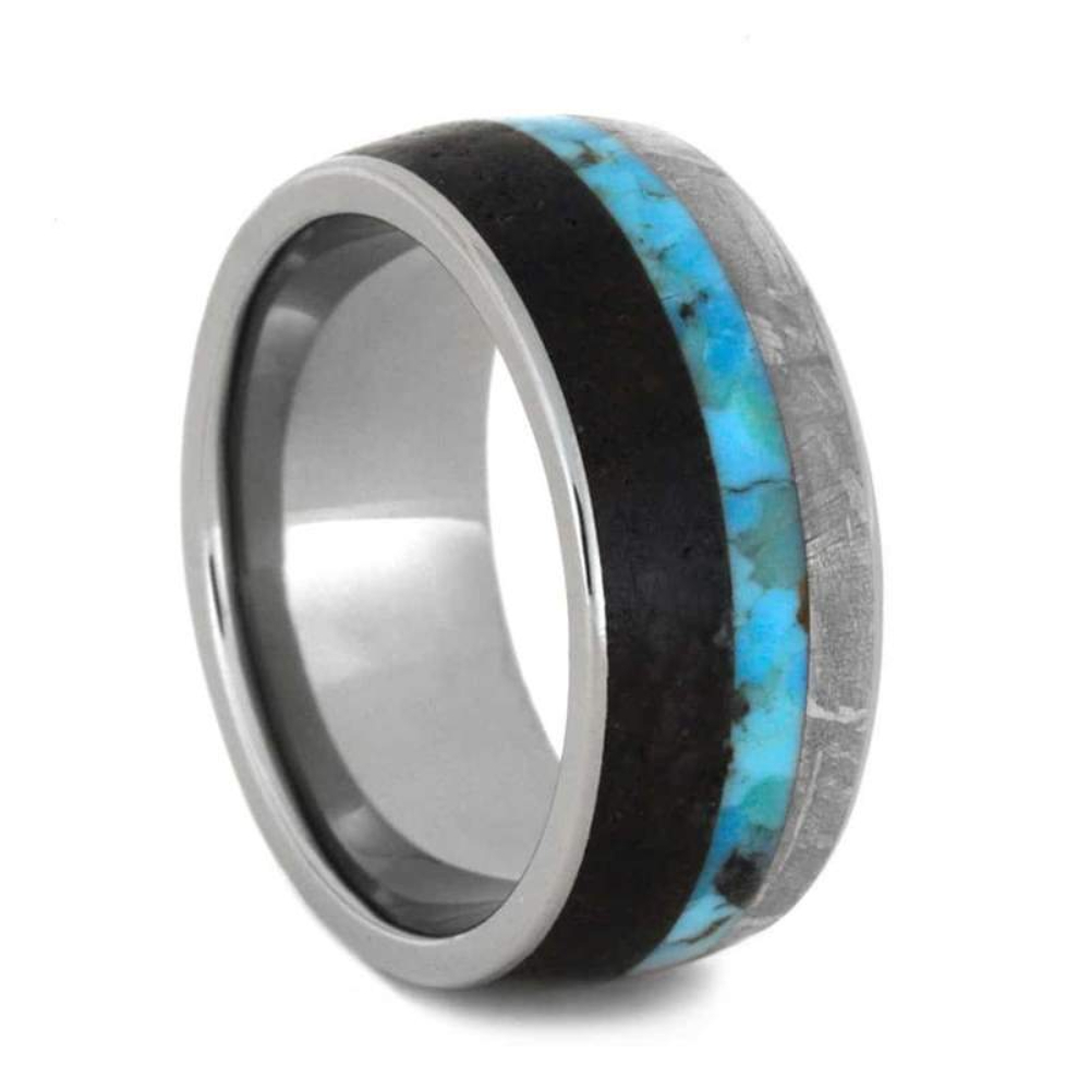 TURQUOISE RING WITH METEORITE AND DINO BONE INLAYS