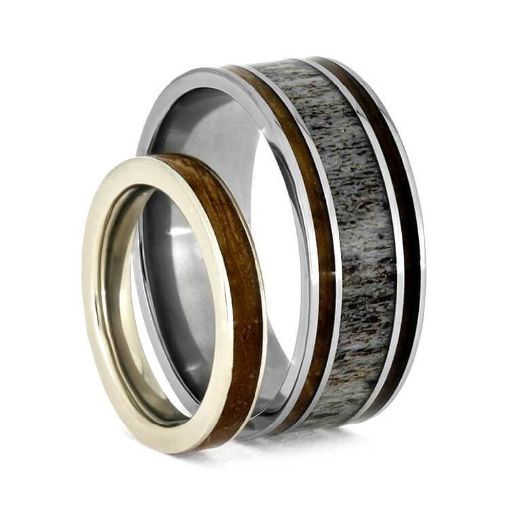 Whiskey Barrel Wood Ring Set, White Gold And Deer Antler Wedding Bands