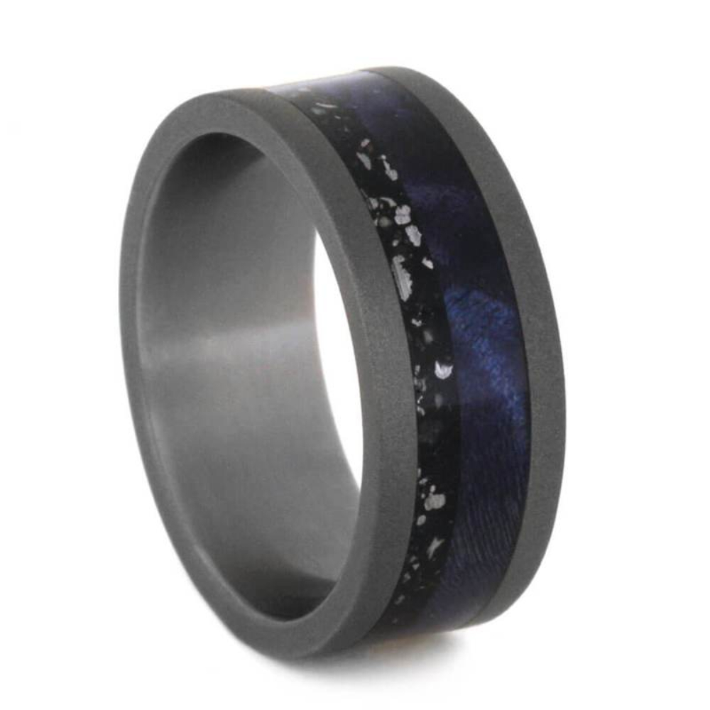  BLUE BOX ELDER BURL AND BLACK STARDUST BAND, SANDBLASTED TITANIUM RING