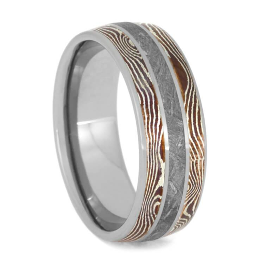 Gibeon Meteorite, Copper and Silver Mokume Gane 8mm Comfort-Fit Titanium Wedding Band  