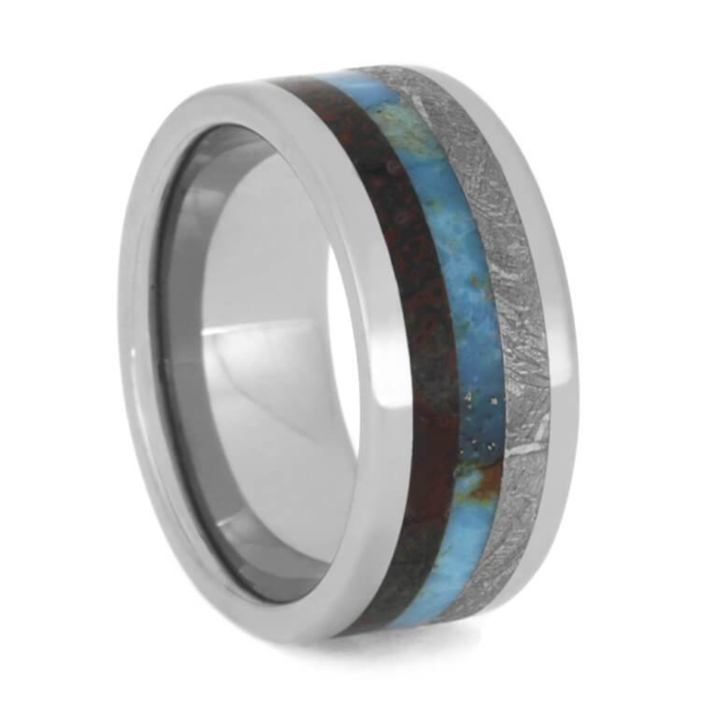 Turquoise, Gibeon Meteorite, Dinosaur Bone, Titanium 9mm Comfort-Fit Titanium Wedding Band  