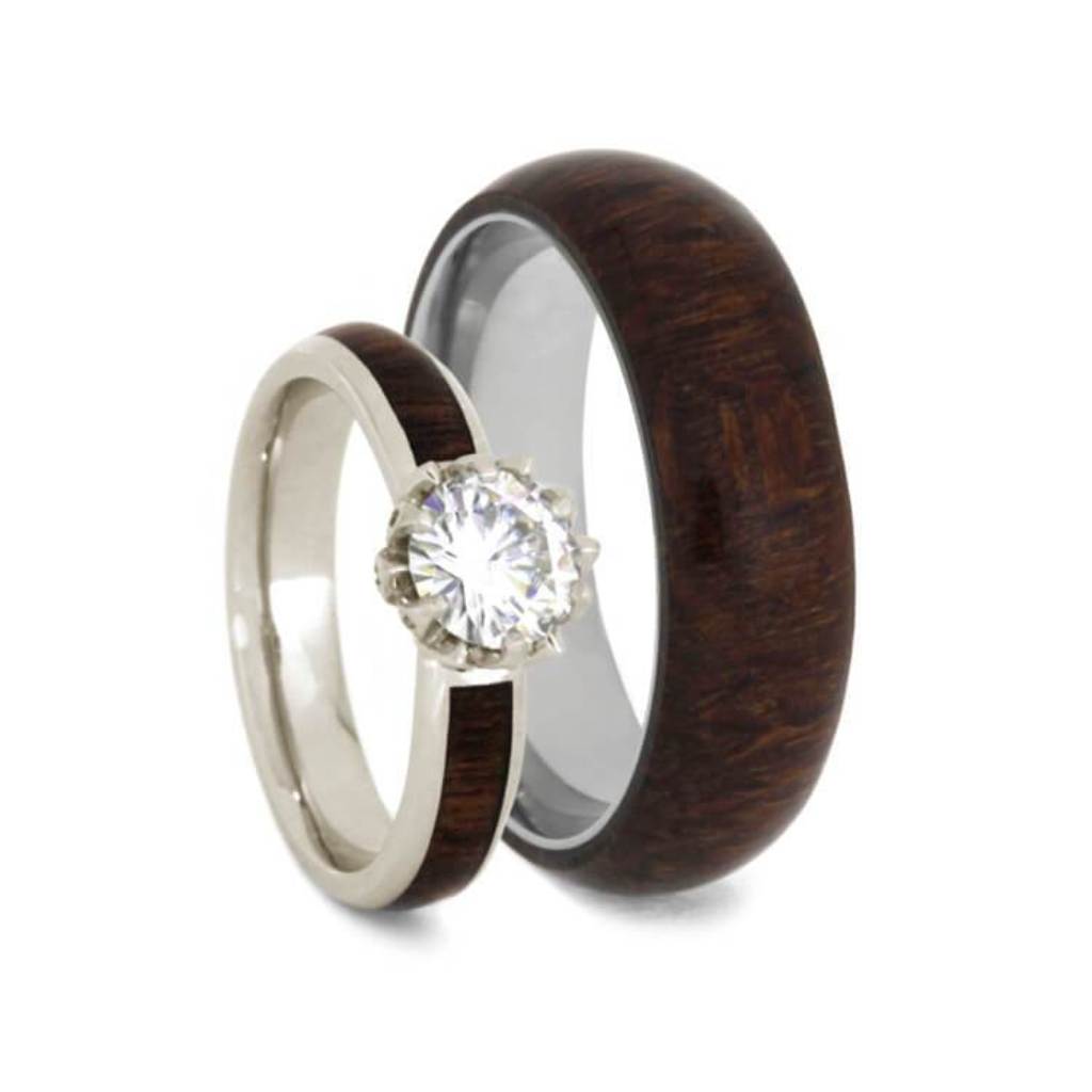 Moissanite, Caribbean Rosewood, 14k White Gold Comfort-Fit Titanium Couples Wedding Band Set