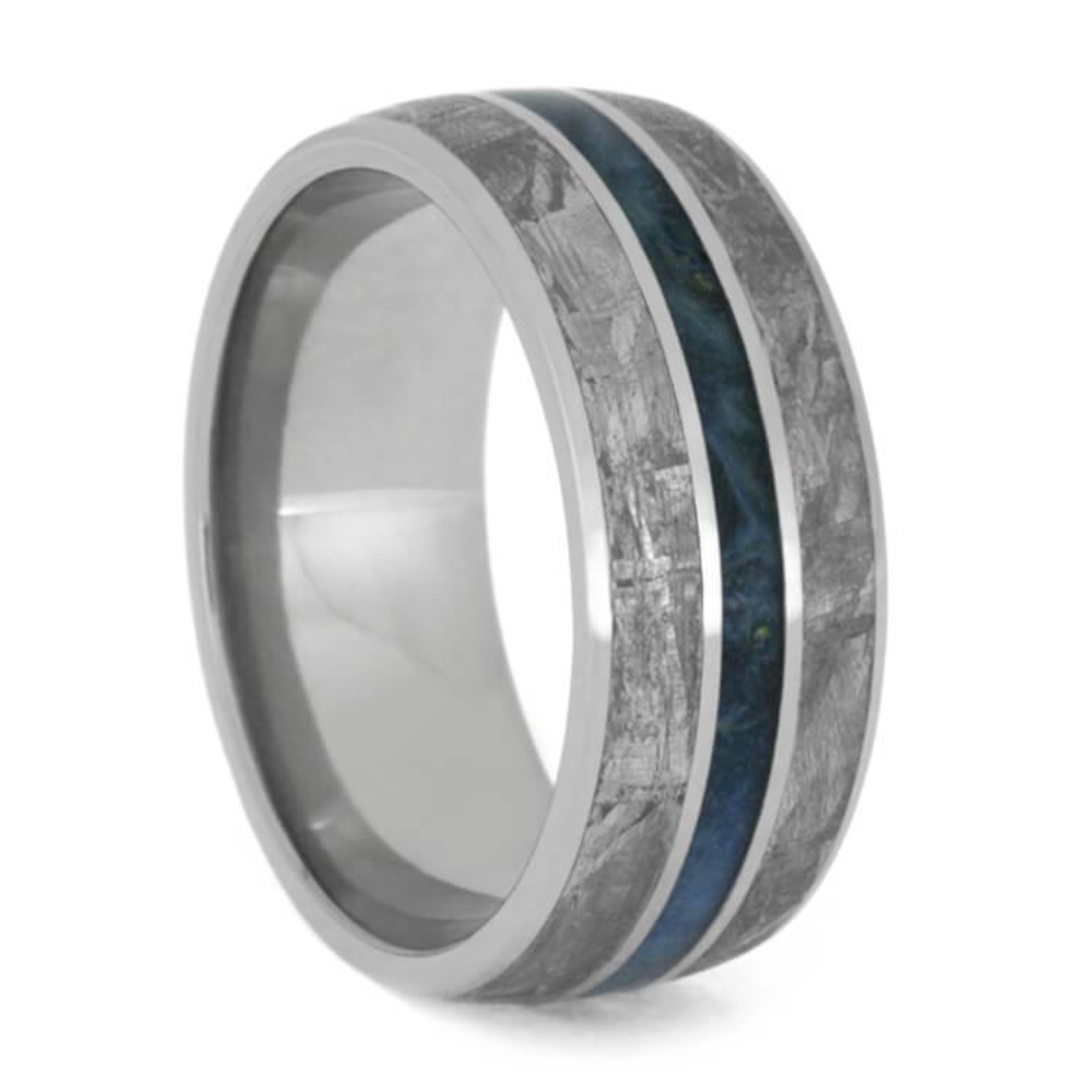  METEORITE WEDDING BAND WITH A BLUE BOX ELDER BURL CENTER, TITANIUM RING