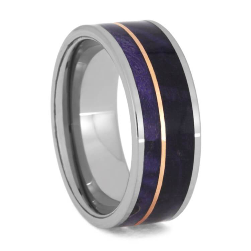   Purple Box Elder Burl Wood, 14k Rose Gold pinstripe 8mm Tungsten Comfort-Fit Wedding Band