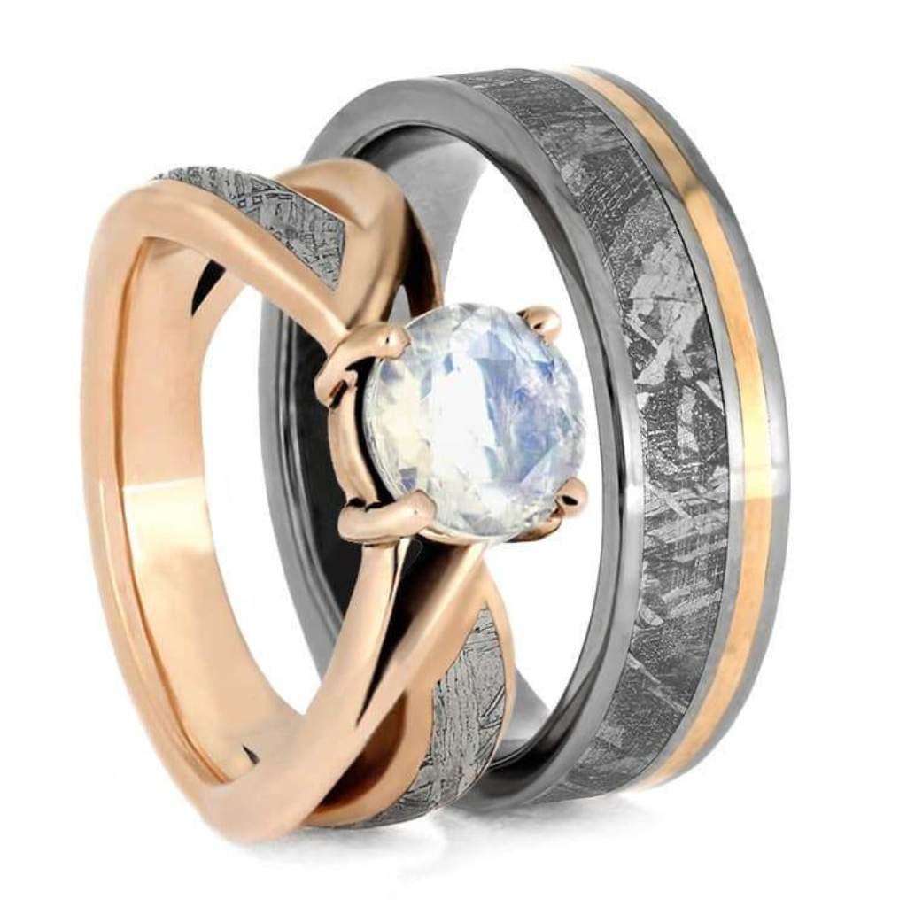 Stellar Rose Gold Wedding Ring Set, Moonstone Engagement Ring And Meteorite Wedding Band