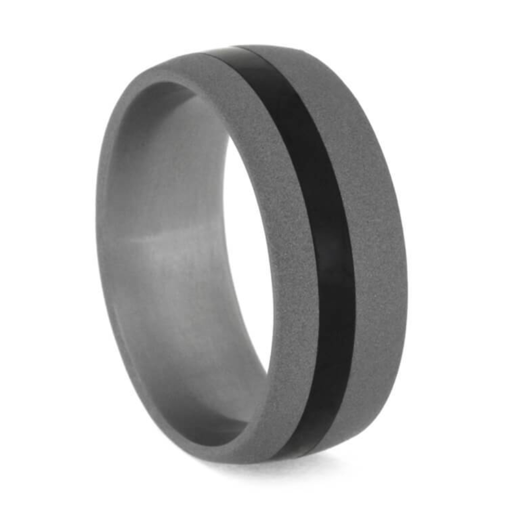  SANDBLASTED TITANIUM RING WITH EBONY WOOD PINSTRIPE