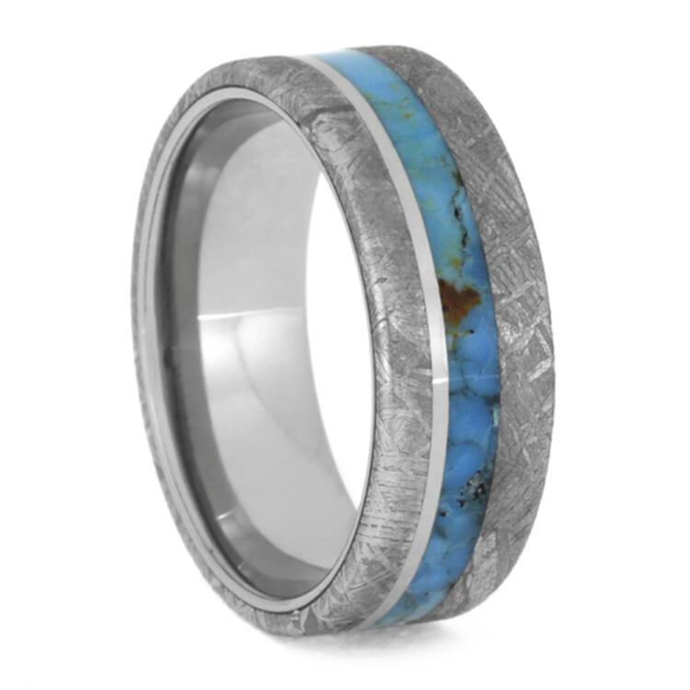  GIBEON METEORITE WEDDING BAND WITH TURQUOISE INLAY, TITANIUM RING