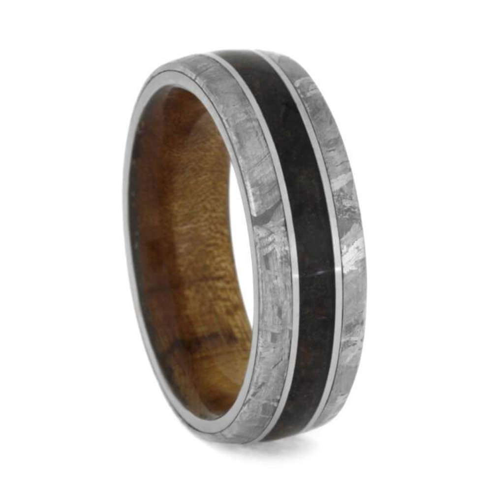   Crushed Dinosaur Bone, Gibeon Meteorite,  Kauri Wood Sleeves with Titanium Overlay 7.5mm Comfort-Fit Wedding Band