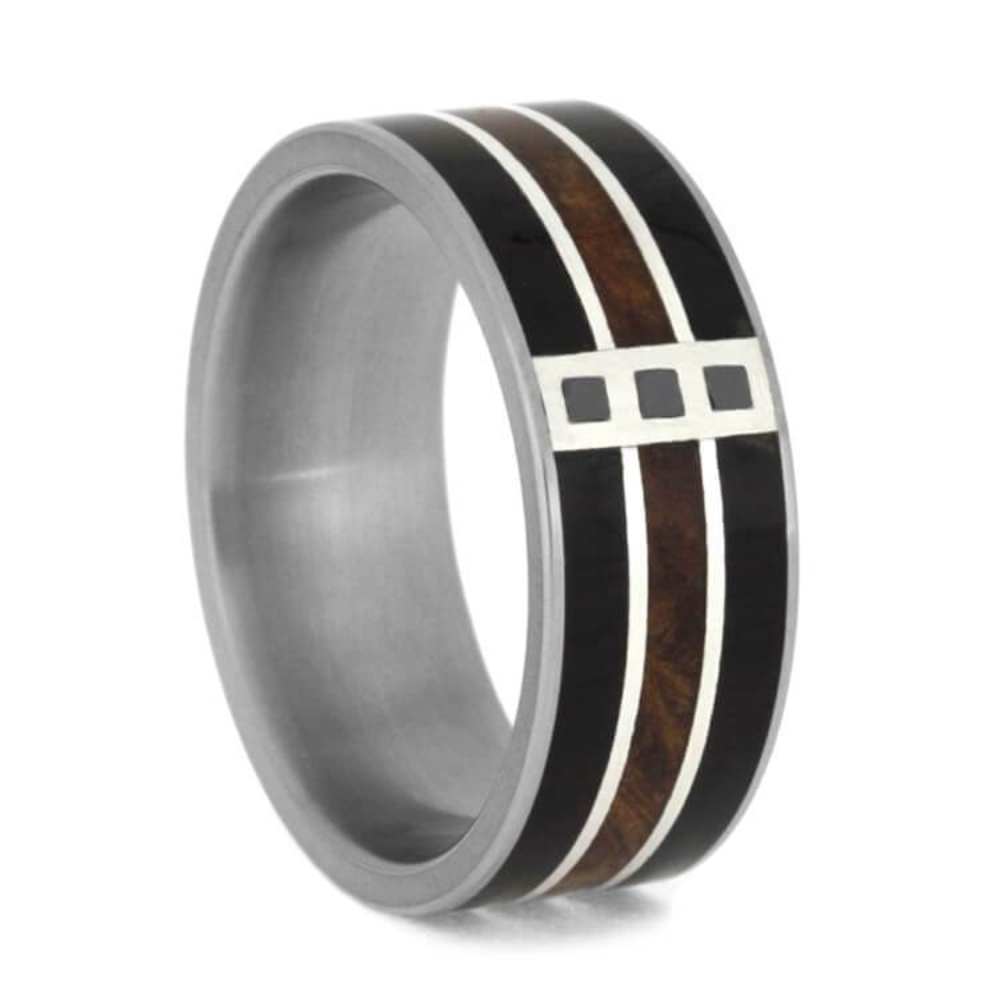 Black Diamond, African Blackwood, Natural Redwood Burl, Sterling Silver 8mm Comfort-Fit Matte Titanium Wedding Band 