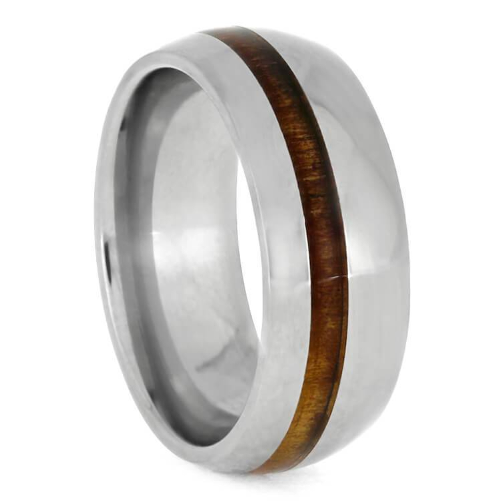  POLISHED TITANIUM RING WITH KOA WOOD, TROPICAL WOOD WEDDING BAND