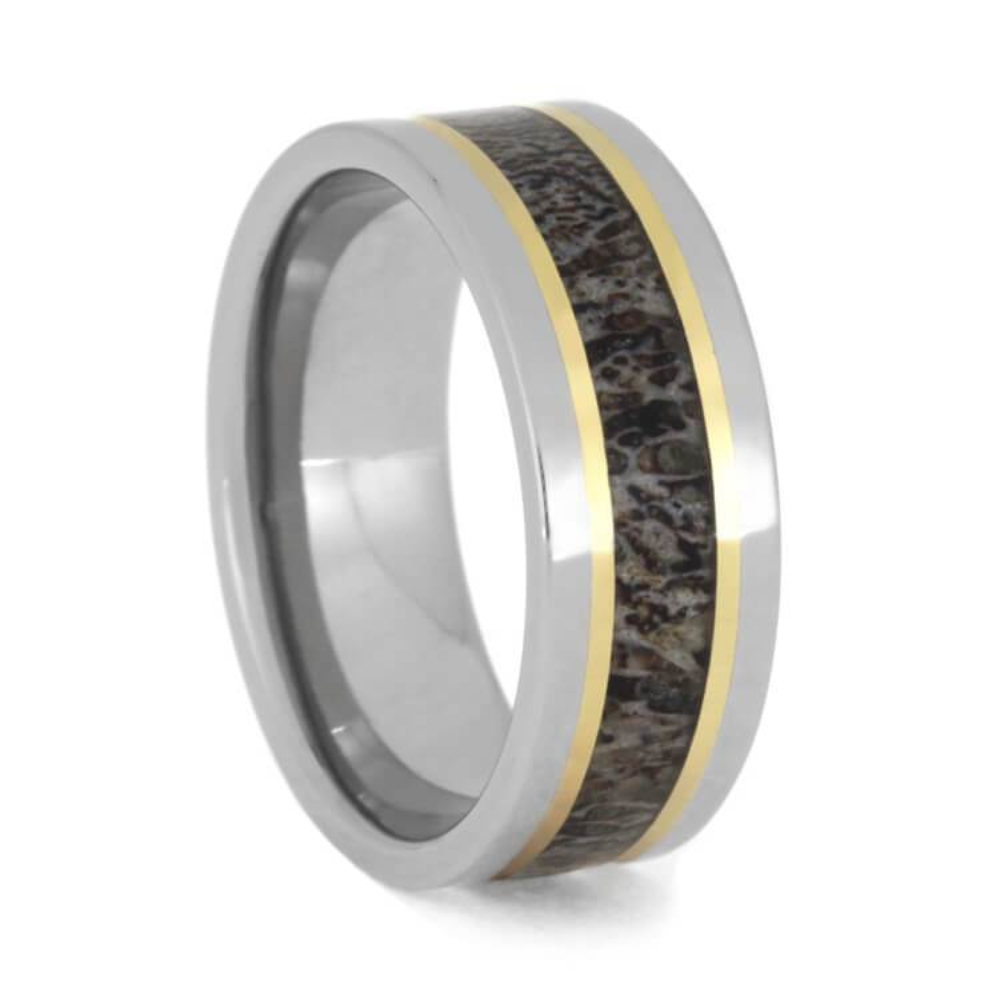  Deer Antler, 14k Yellow Gold 8mm Comfort-Fit Titanium Wedding Band