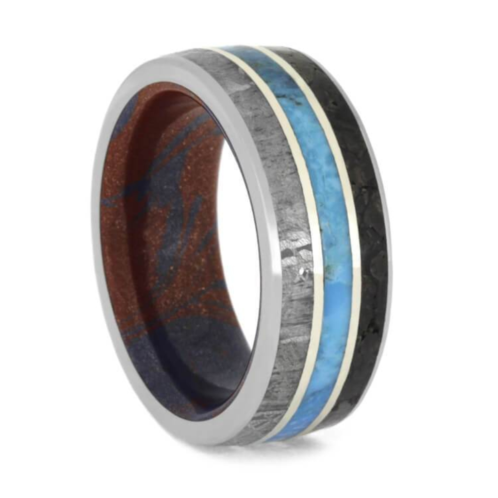  Turquoise with Dinosaur Bone, Gibeon Meteorite, Blue, Red Mokume Gane 8mm Comfort-Fit Titanium Wedding Band